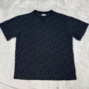 Dior Oblique Terry T Shirt Navy Blue Monogram Embossed Size M